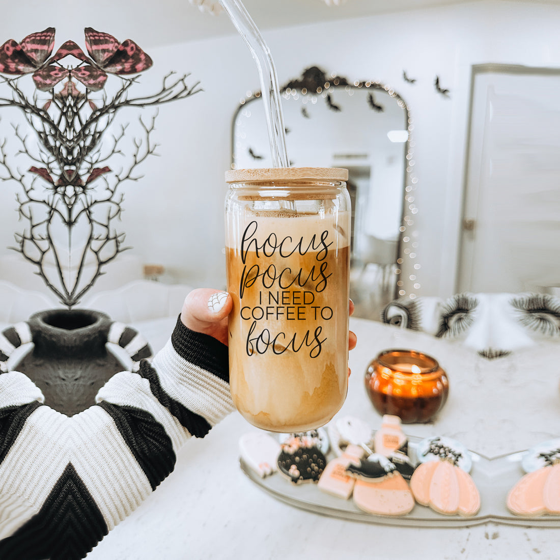 Hocus Pocus 20oz Glass Tumbler With Bamboo Lid, Stainless Straws and Cleaner