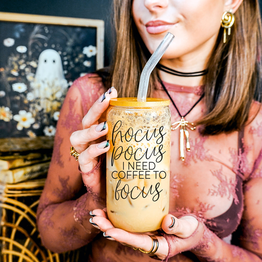 Hocus Pocus 20oz Glass Tumbler With Bamboo Lid, Stainless Straws and Cleaner