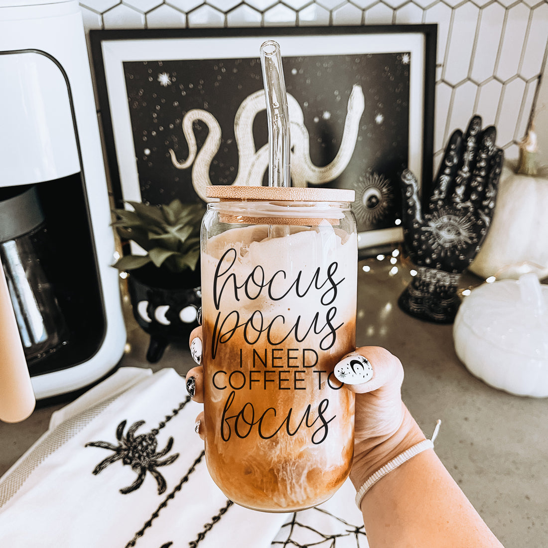Hocus Pocus 20oz Glass Tumbler With Bamboo Lid, Stainless Straws and Cleaner