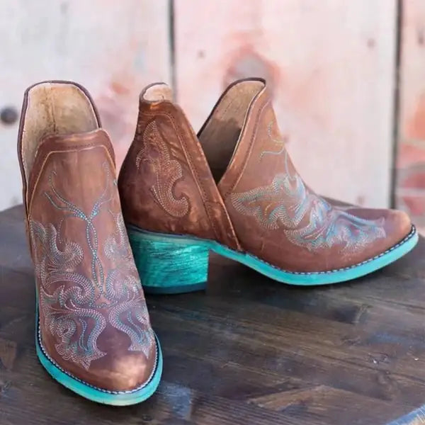 Embroidered Ankle Boots with Thick High Heels