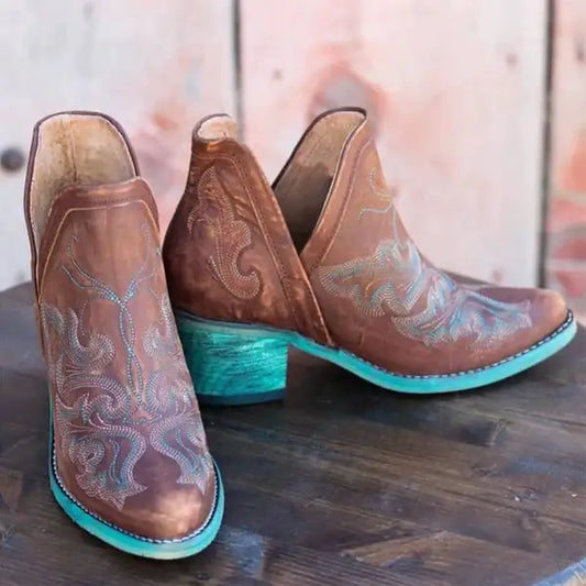 Embroidered Ankle Boots with Thick High Heels
