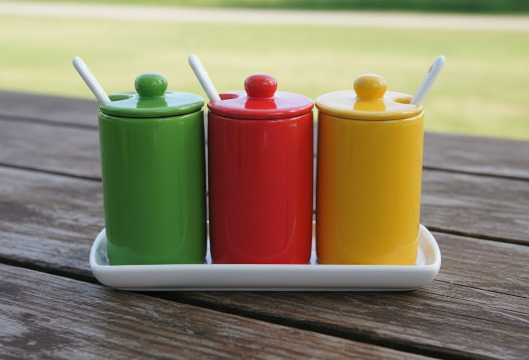Porcelain Condiment Jars with Spoons and Tray