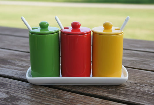 Porcelain Condiment Jars with Spoons and Tray