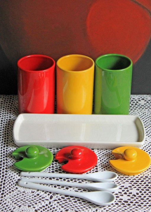 Porcelain Condiment Jars with Spoons and Tray