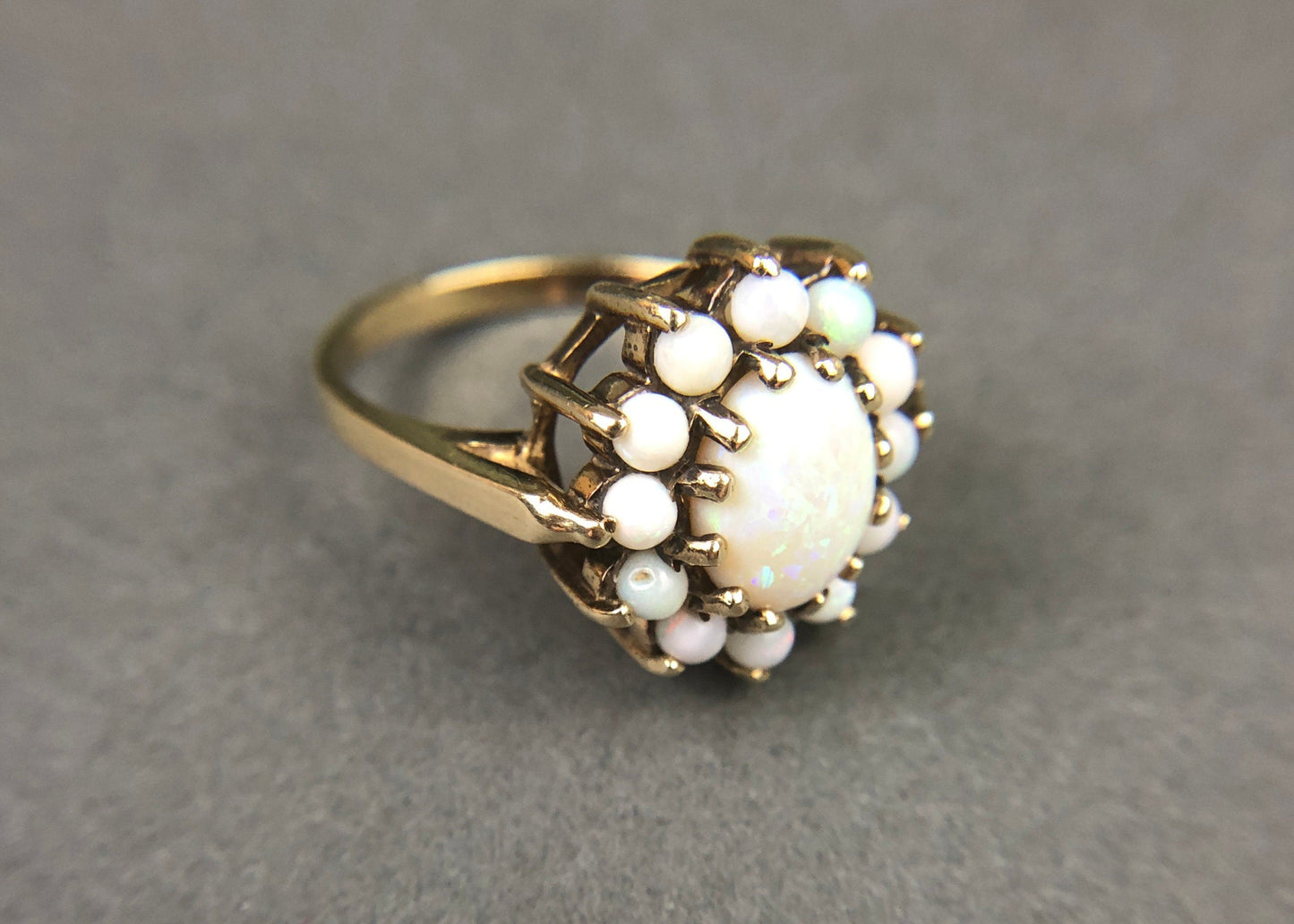 Vintage 10K Gold Cluster Ring – 13 Natural Opal Stones
