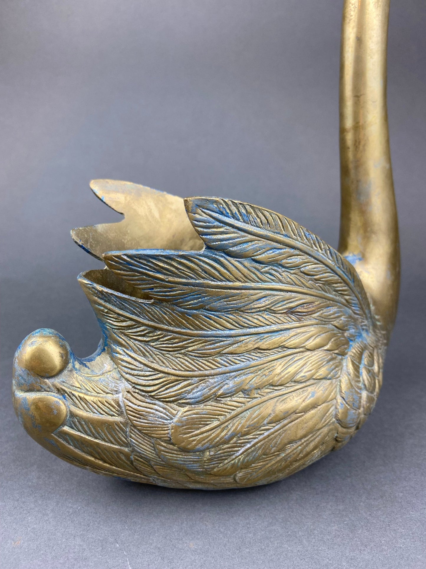 Vintage Brass Swan Planter – Bird-Shaped Herb Planter with Blue Patina