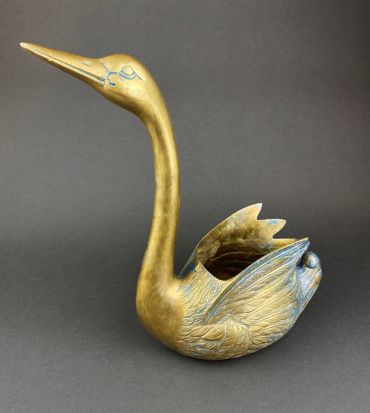 Vintage Brass Swan Planter – Bird-Shaped Herb Planter with Blue Patina