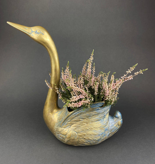 Vintage Brass Swan Planter – Bird-Shaped Herb Planter with Blue Patina