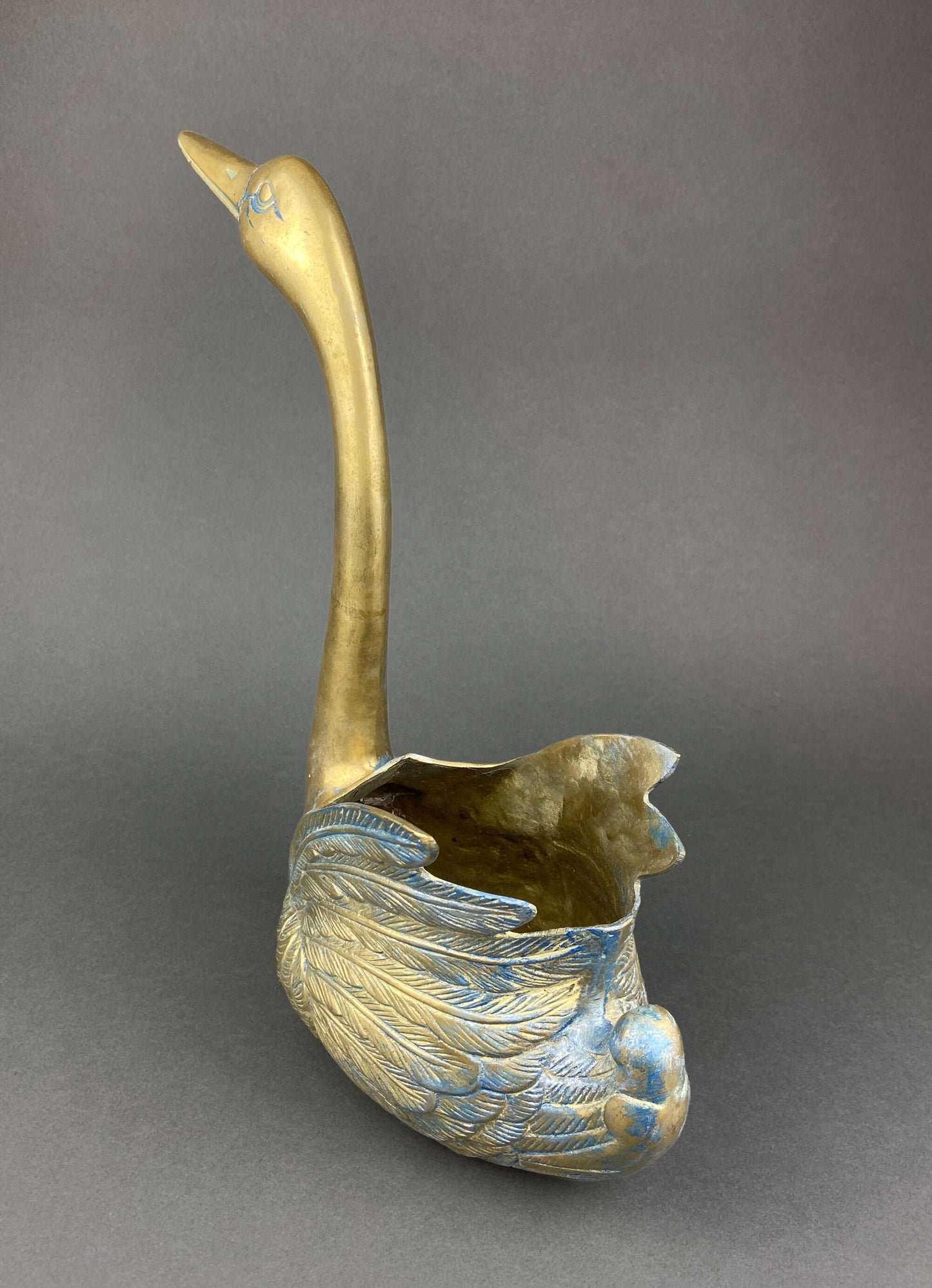 Vintage Brass Swan Planter – Bird-Shaped Herb Planter with Blue Patina
