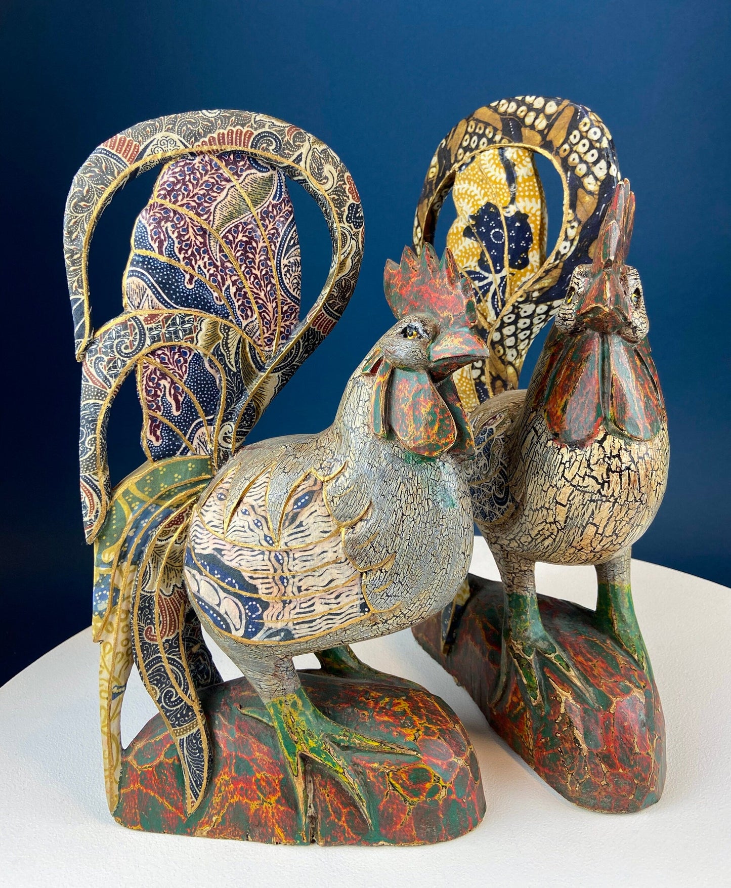 Set of 2 Hand-Carved Wooden Rooster Figurines
