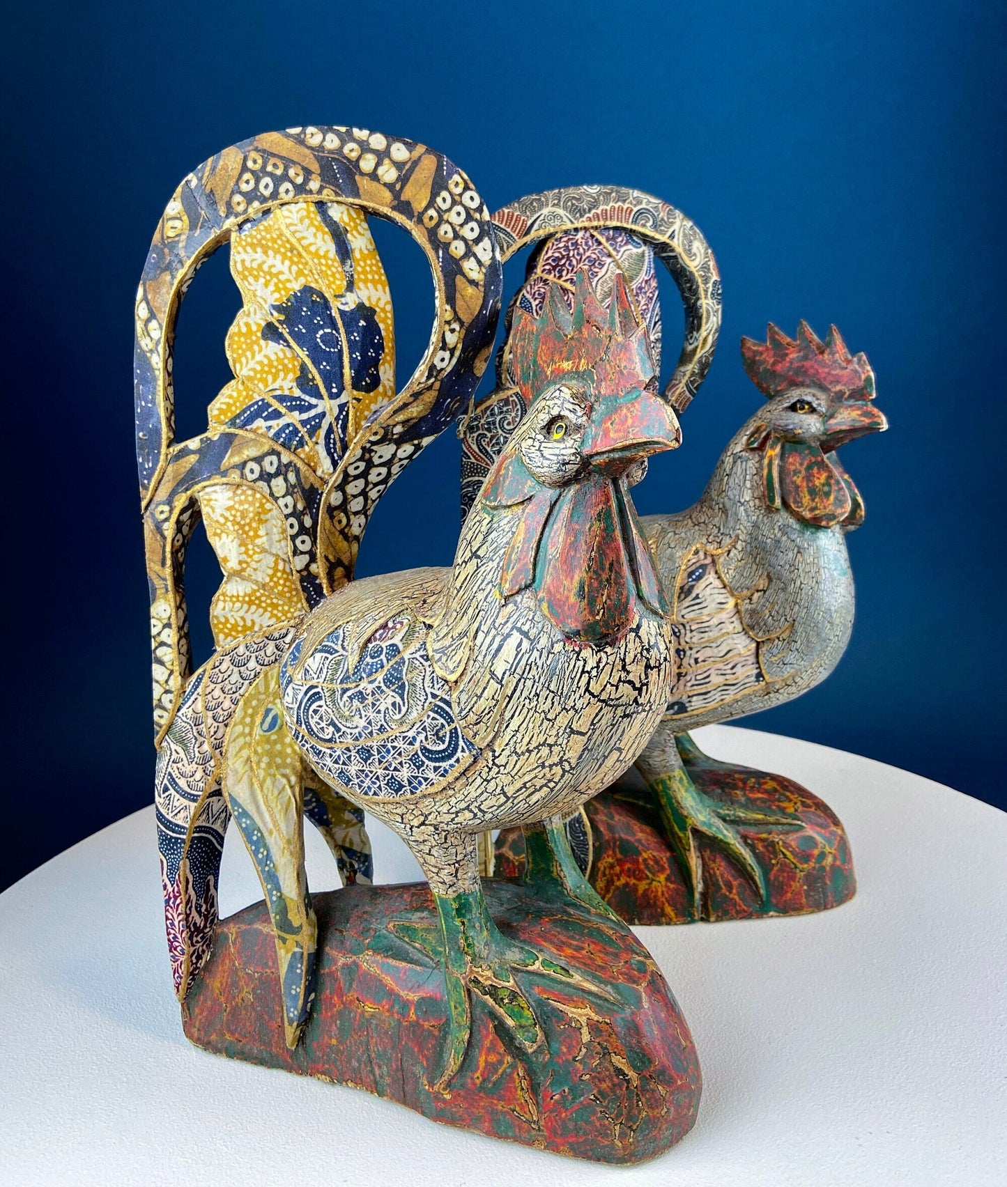 Set of 2 Hand-Carved Wooden Rooster Figurines
