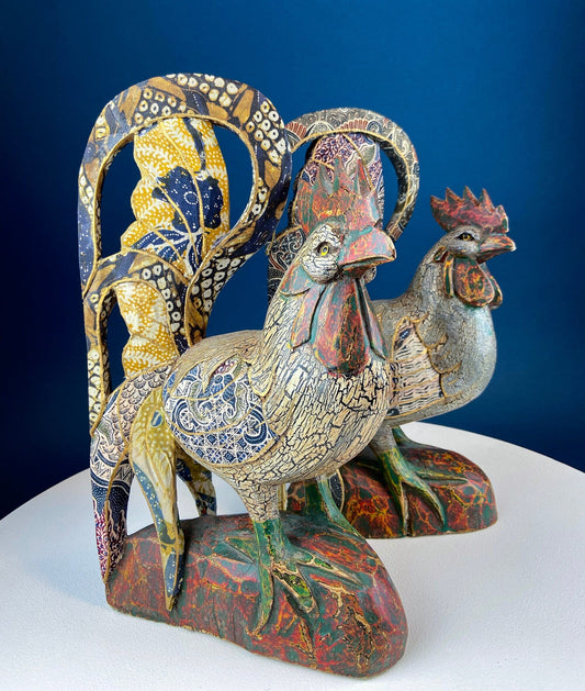 Set of 2 Hand-Carved Wooden Rooster Figurines