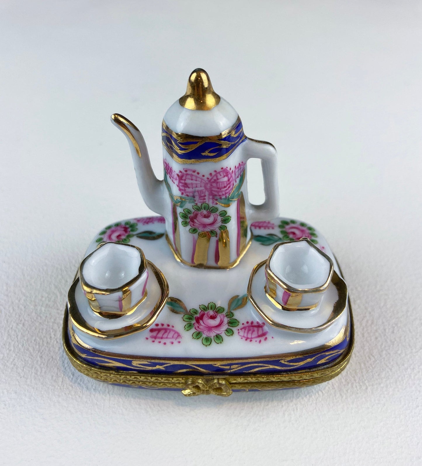 "Teatime" Porcelain Limoges Box – Miniature Tea Setting with Floral Motif