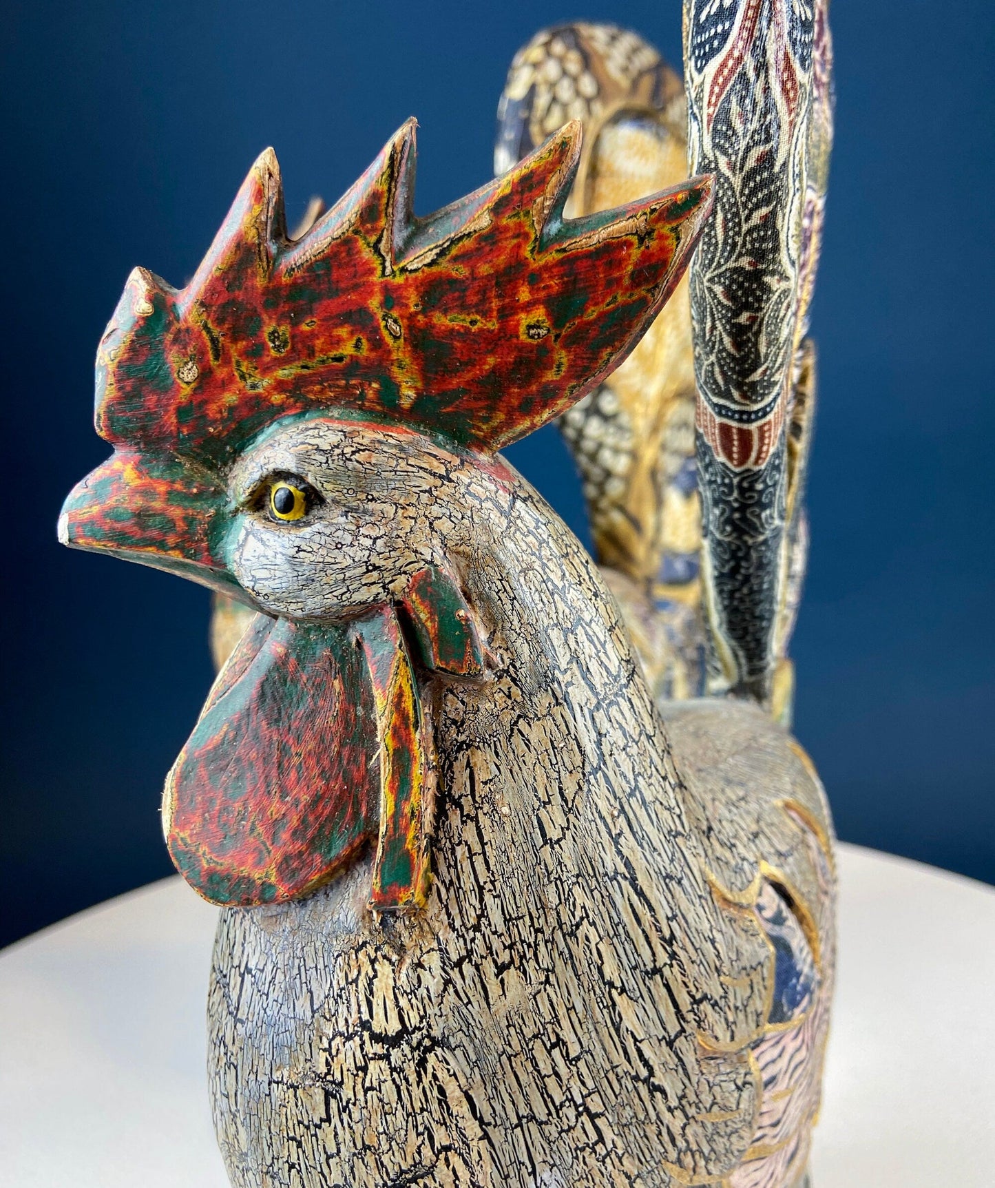 Set of 2 Hand-Carved Wooden Rooster Figurines