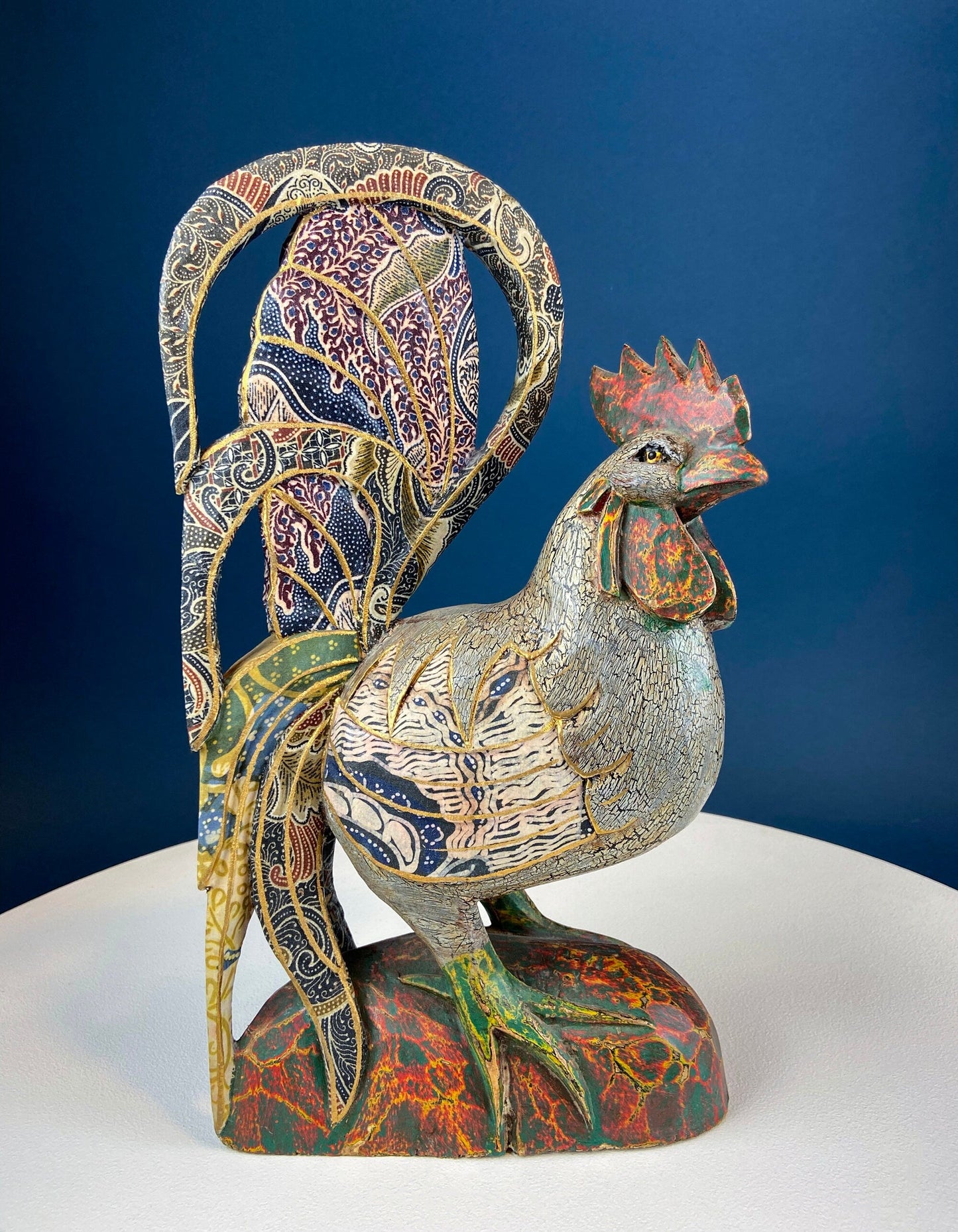 Set of 2 Hand-Carved Wooden Rooster Figurines