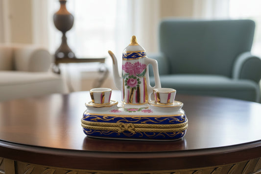 "Teatime" Porcelain Limoges Box – Miniature Tea Setting with Floral Motif