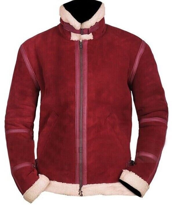 Ox and Bulls Christmas Red Suede Leather Jacket | Men's Ryan Reynolds Inspired Santa Shearling Jacket