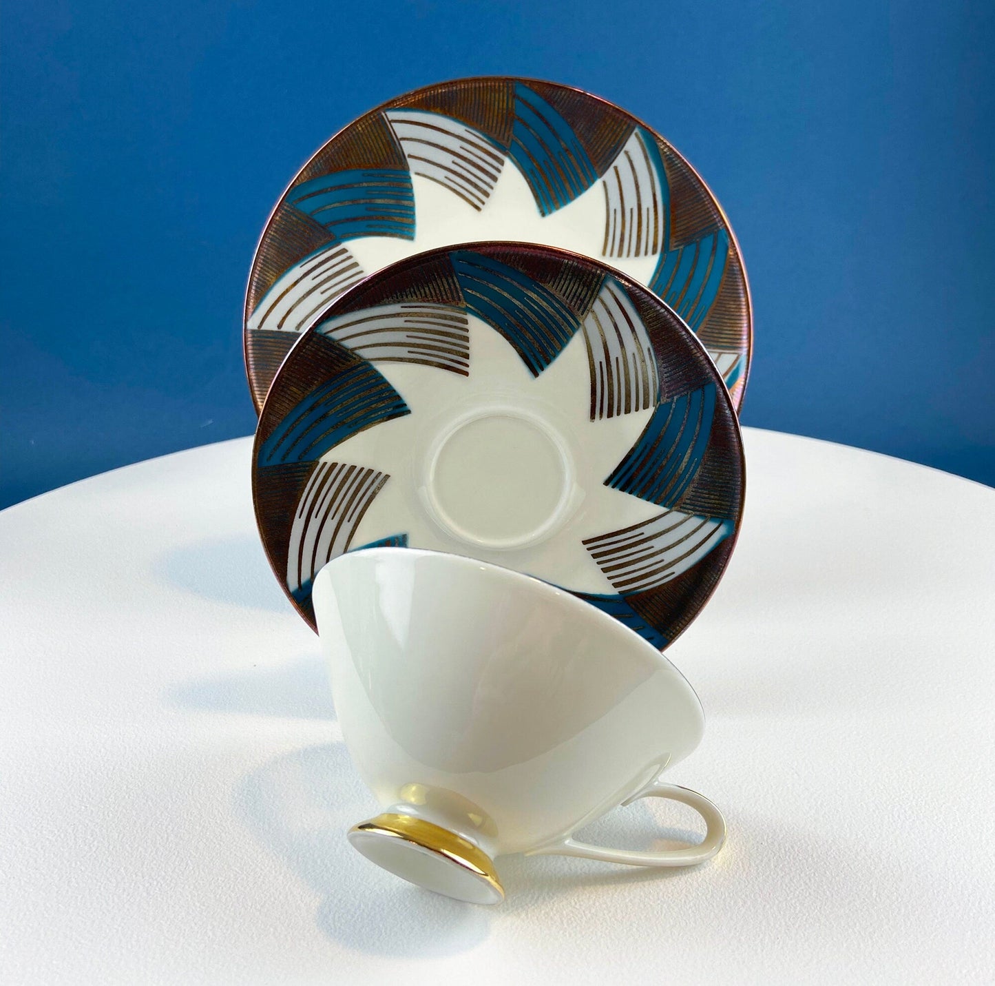 Bavarian Porcelain Teacup Trio, Gold Green Geometric Motif