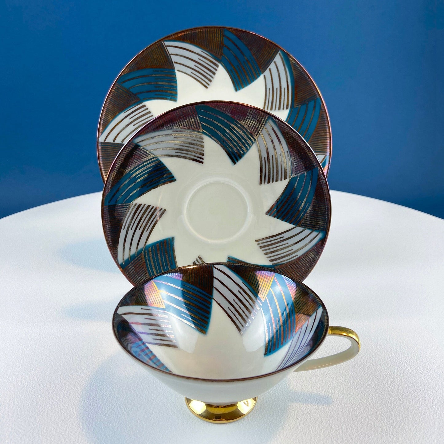 Bavarian Porcelain Teacup Trio, Gold Green Geometric Motif