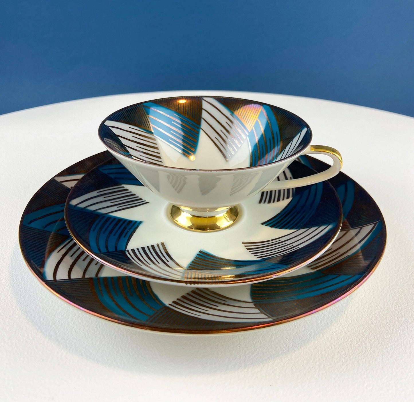 Bavarian Porcelain Teacup Trio, Gold Green Geometric Motif