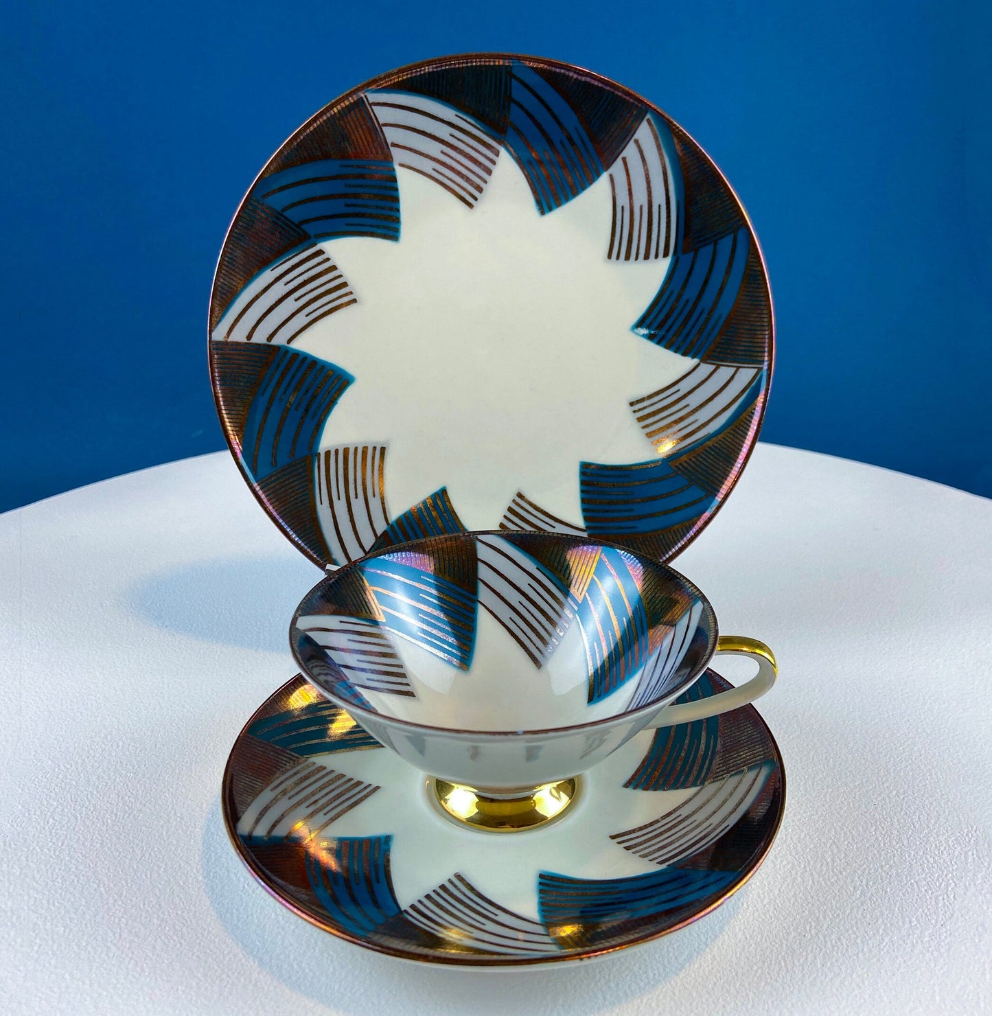 Bavarian Porcelain Teacup Trio, Gold Green Geometric Motif