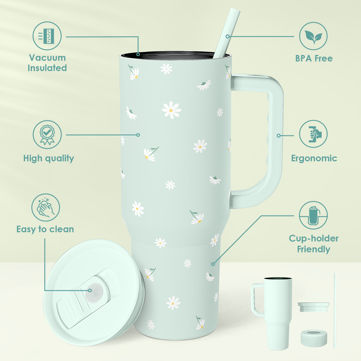 Daisy Flower Tumbler with Handle and Straw - Insulated Stainless Steel Coffee Travel Mug for Women Girls, Floral Gift Idea for Birthday Christmas