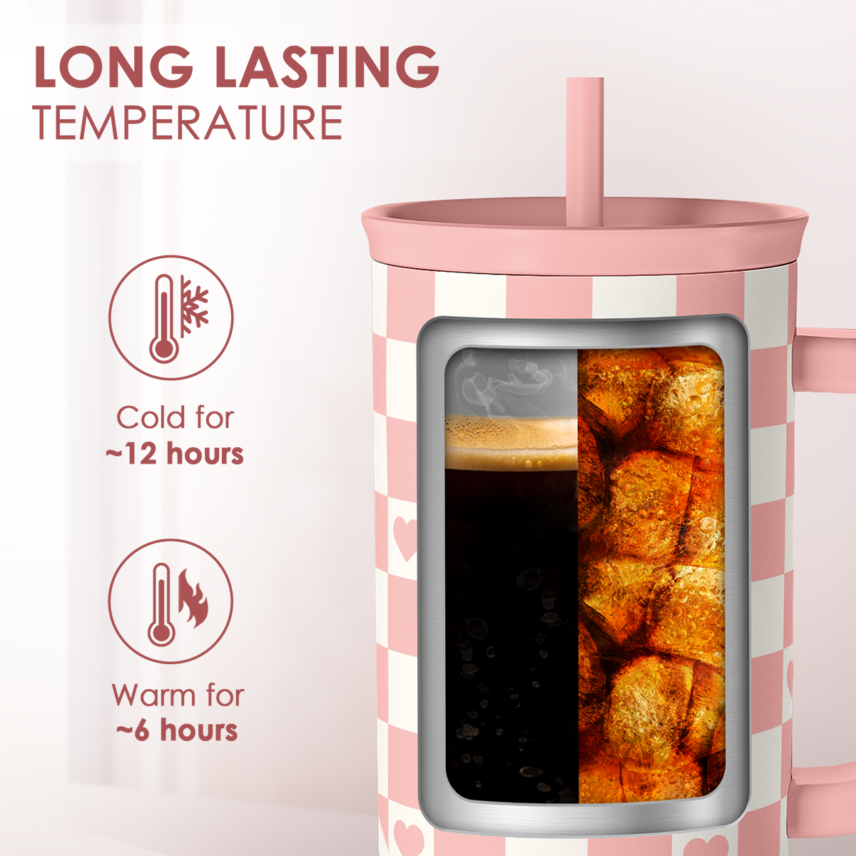 40oz Checkered and Heart Tumbler with Handle and Straw - Insulated Stainless Steel Travel Coffee Mug for Women Girls, Gift for Birthday, Christmas