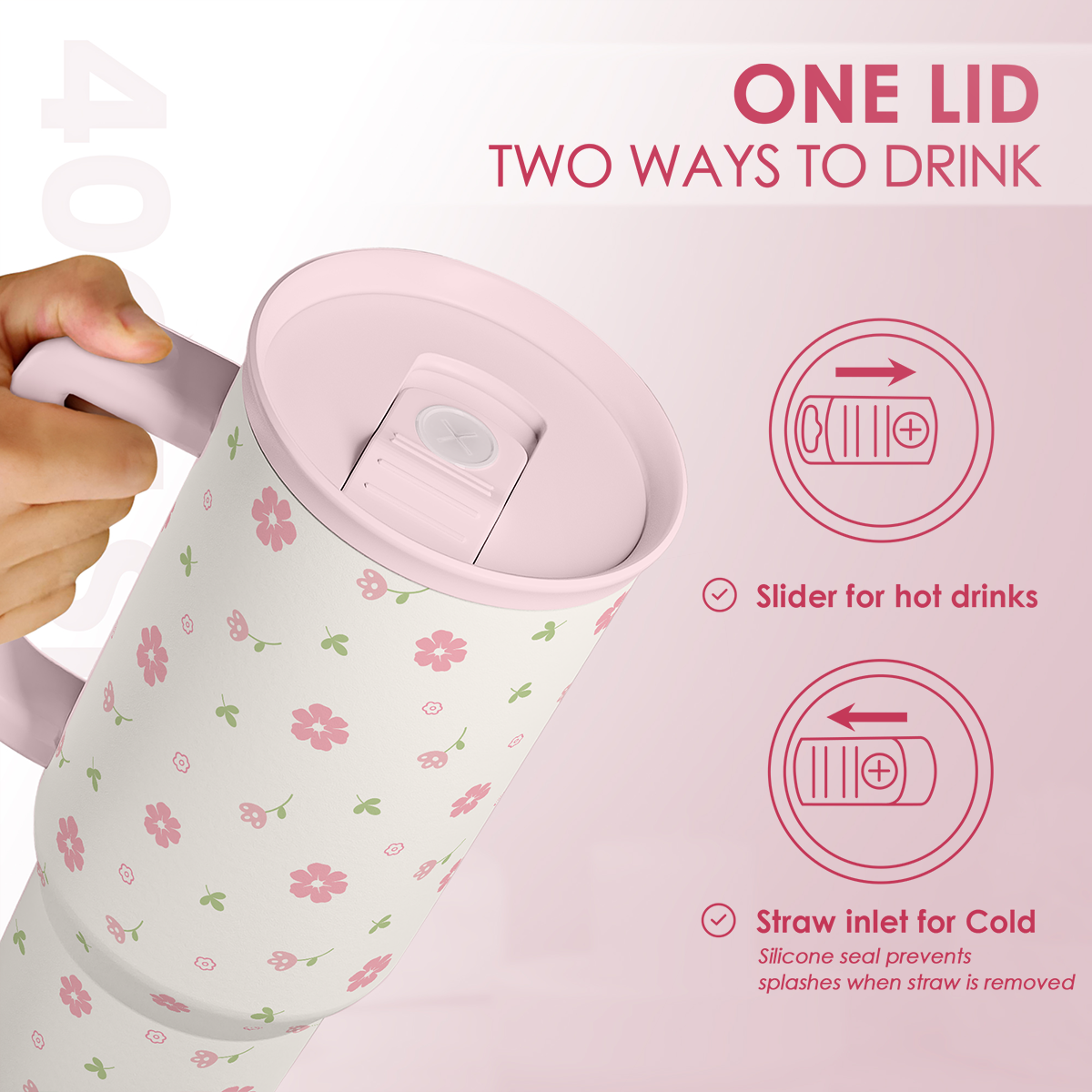 Floral 40oz Tumbler with Handle and Straw - Flowers Insulated Stainless Steel Travel Coffee Mug for Women Girls - Gift Idea for Birthday Christmas Mothers Day