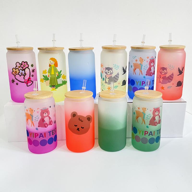 16oz Sublimation blank glass Jar Cans ombre gradient Tumblers (Includes Bamboo Lid & Straw)