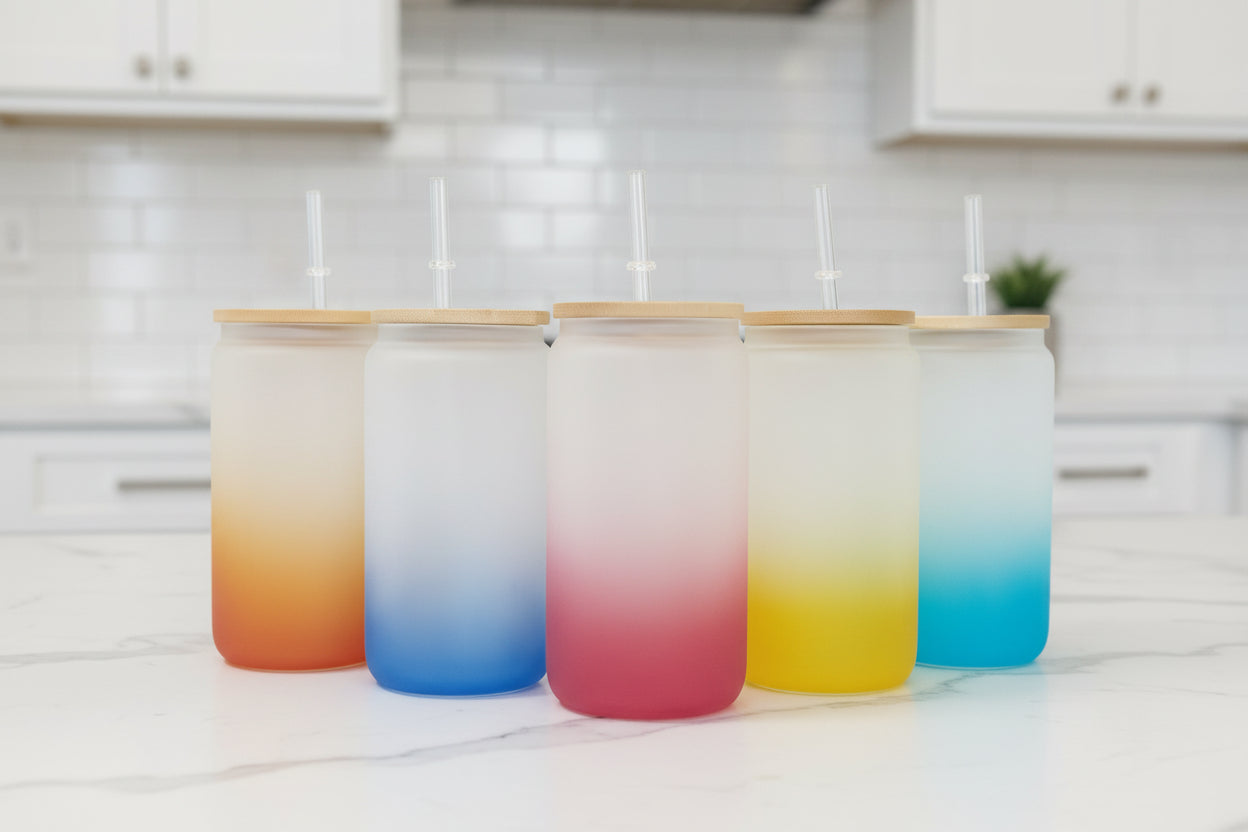 16oz Sublimation blank glass Jar Cans ombre gradient Tumblers (Includes Bamboo Lid & Straw)