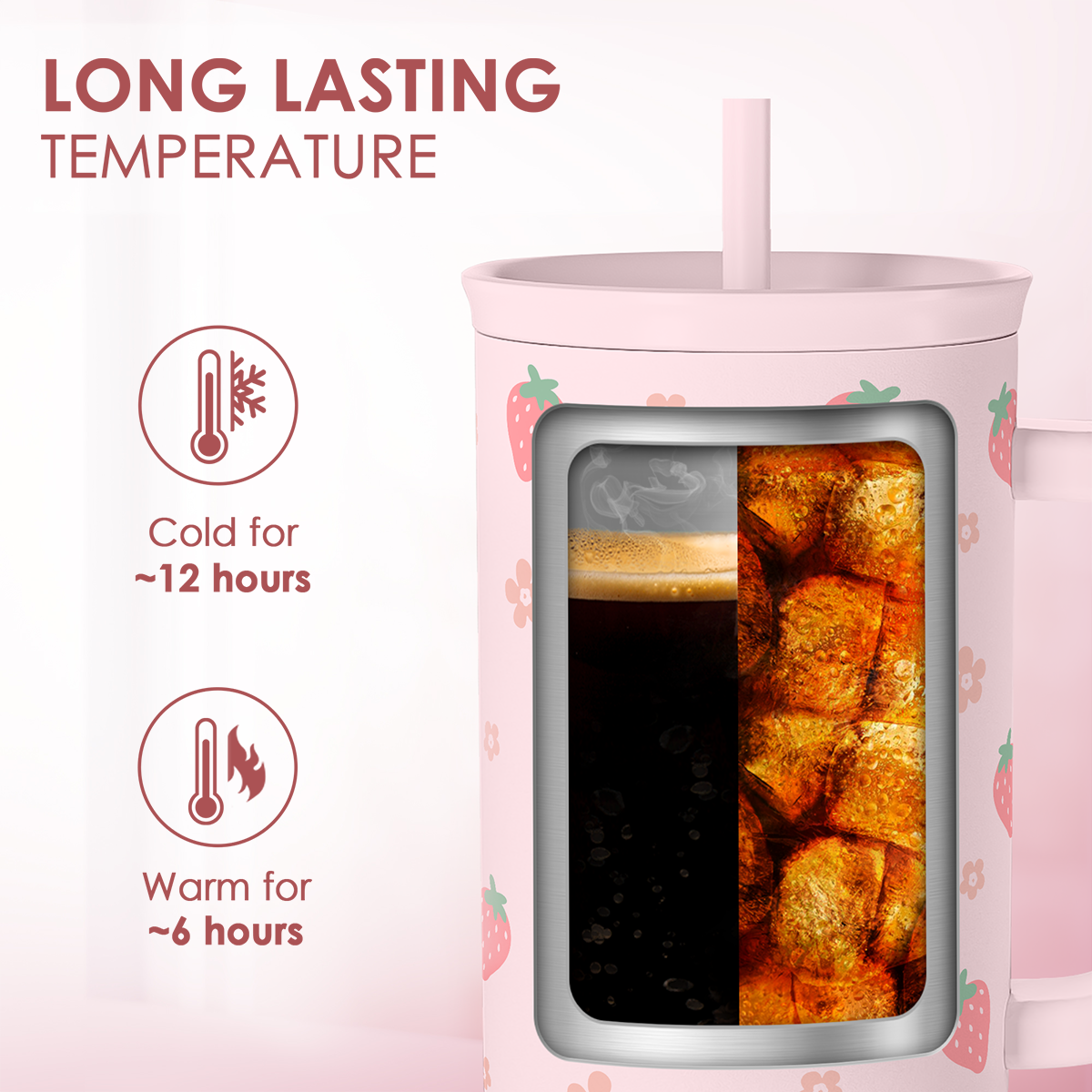 Strawberry Tumbler with Handle 40oz ?C Insulated Stainless Steel Travel Coffee Mug Cup for Girls Women, Gift for Christmas, Birthday