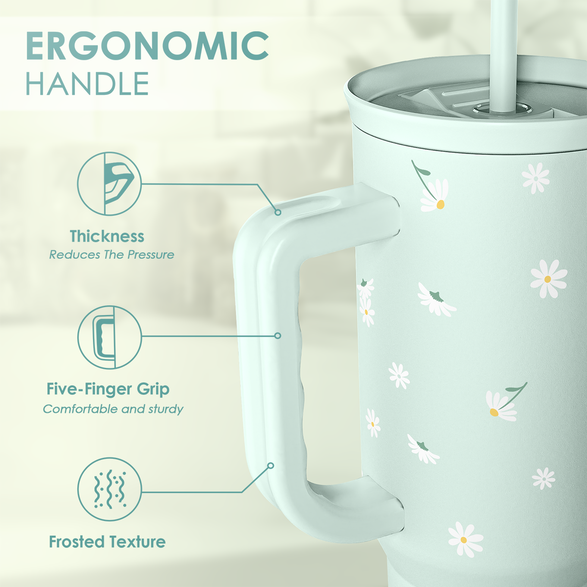 Daisy Flower Tumbler with Handle and Straw - Insulated Stainless Steel Coffee Travel Mug for Women Girls, Floral Gift Idea for Birthday Christmas