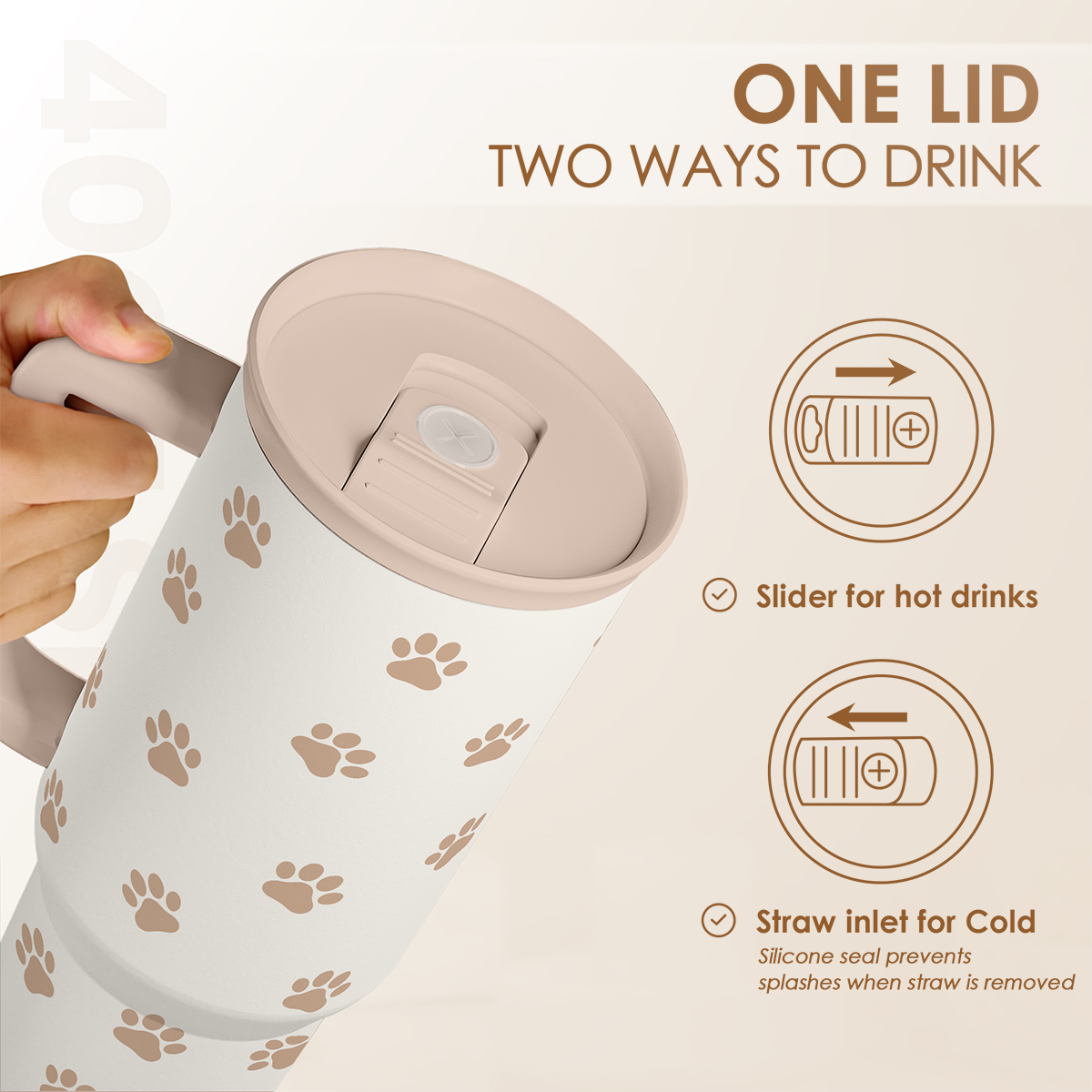 Paw Print Tumbler with Handle, Gifts for Dog Mom, Stainless Steel Insulated Tumblers Coffee Travel Mug Cup, Gift for Women Girls on Birthday Christmas Mothers Day, 40oz