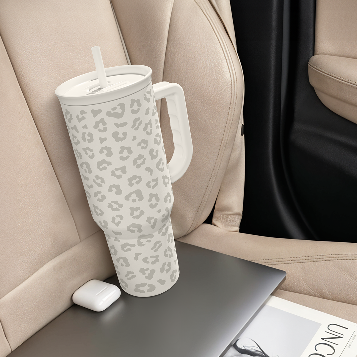 Leopard Tumbler with Handle, Insulated Cup Stainless Steel Travel Mug Cup, Gifts for Women Girl on Birthday Christmas, Cream Leopard, 40oz