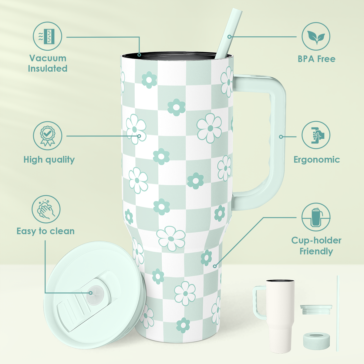 40oz Daisy Flower Tumbler with Handle and Straw