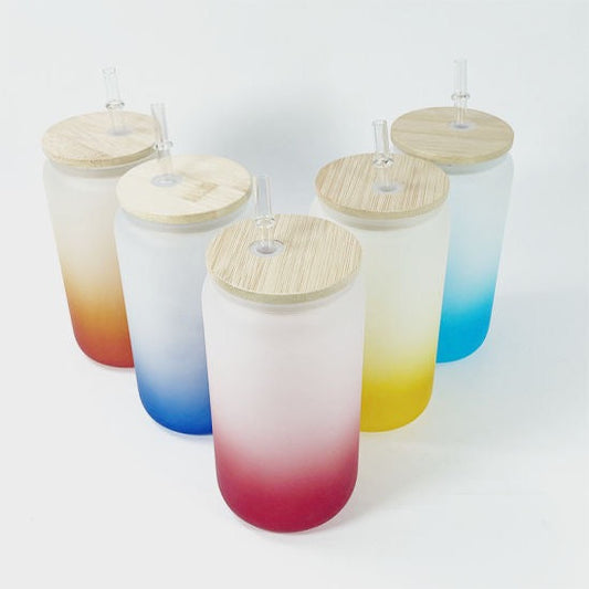 16oz Sublimation blank glass Jar Cans ombre gradient Tumblers (Includes Bamboo Lid & Straw)