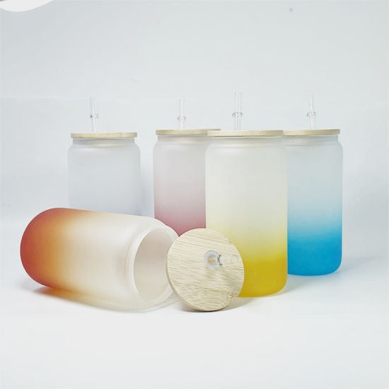 16oz Sublimation blank glass Jar Cans ombre gradient Tumblers (Includes Bamboo Lid & Straw)