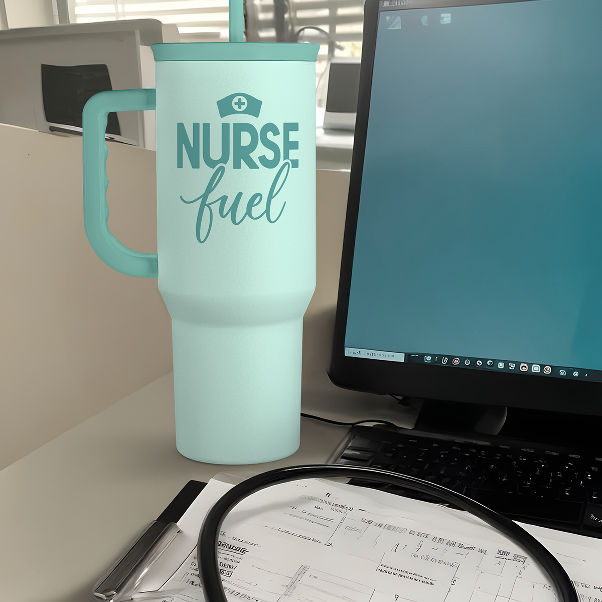Nurse Gift Tumbler 40oz with Handle and Straw - Nurse Fuel Insulated Stainless Steel Travel Coffee Mug for Nurses Nursing Friend Student - Gifts for Nurse Week, Appreciation, Birthday, Christmas