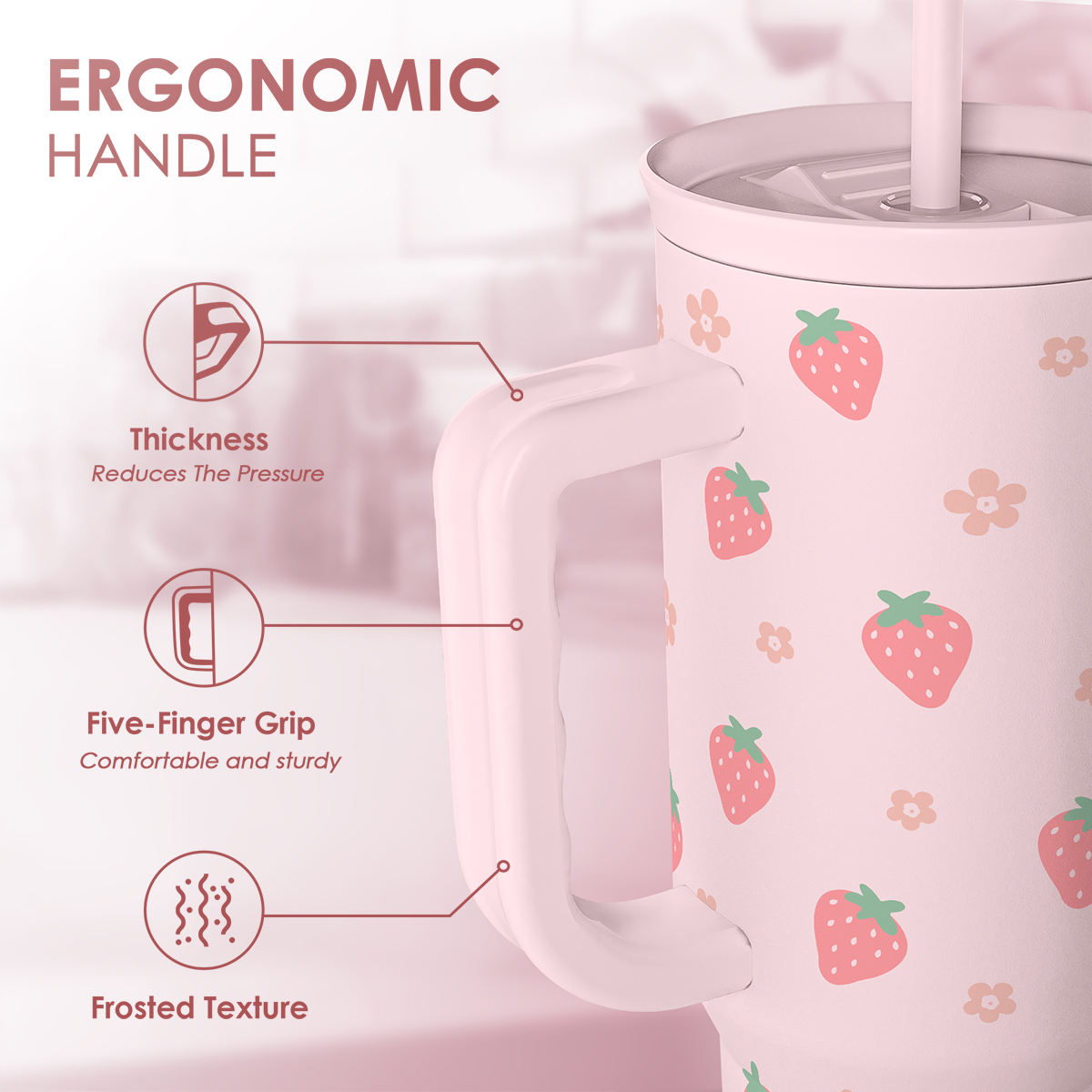 Strawberry Tumbler with Handle 40oz ?C Insulated Stainless Steel Travel Coffee Mug Cup for Girls Women, Gift for Christmas, Birthday