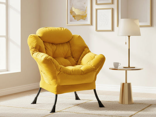 Yellow Velvet Upholstered Lazy Chair with Side Storage Bag