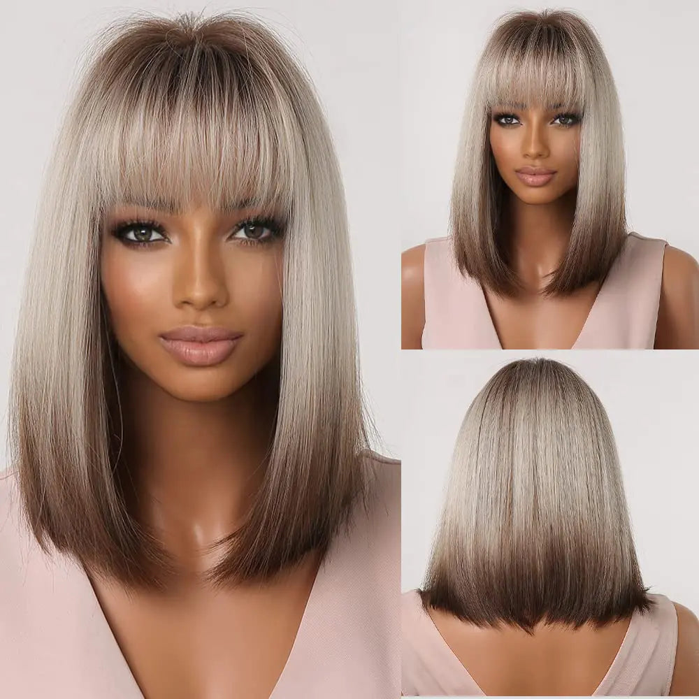 Short Straight Synthetic Bob with Bangs Wig-Brown with Grey Highlights