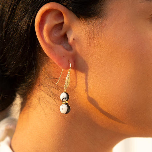Agate Black and White Neutrals Golden Drop Earrings