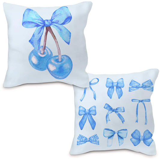 Blue Bow & Cherry Pillow Covers  18x18- Set of 2
