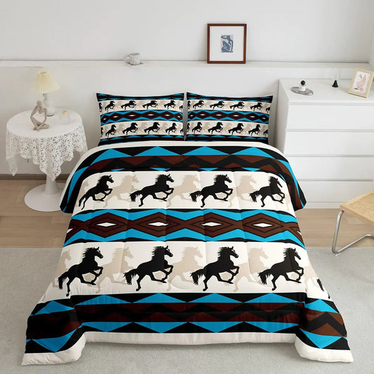 Running Horse Comforter Southwestern Wild Horses Comforter Set Boho Exotic Tribal Elements Bedding Set Toddler Size Kids Boys Girls Aztec Native American Down Comforter All Season Room Decor Boys