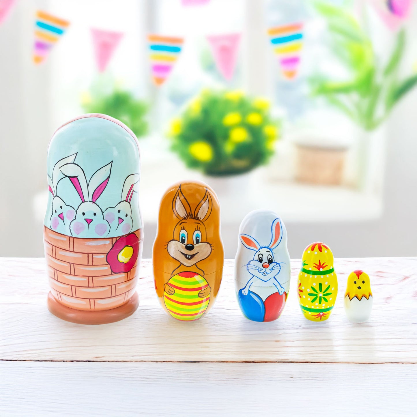 5 Bunnies, Chick with Easter Eggs Wicker Basket Wooden Nesting Figurines 6 Inches