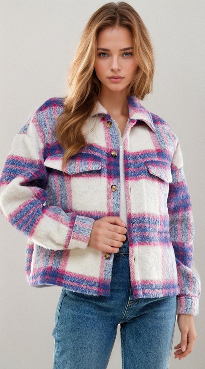 Soulful Serenity Denim Blue and Pink Brushed Plaid Shacket.