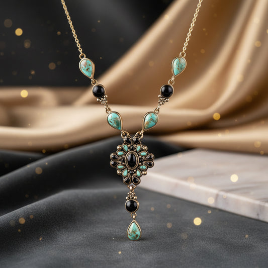 Barcelona Black Onyx and Blue Turquoise Golden Y-Necklace