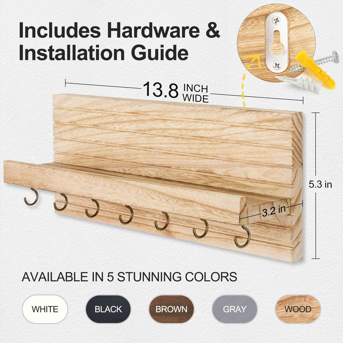 Wall Mount Key Holder with 7 Hooks & Shelf