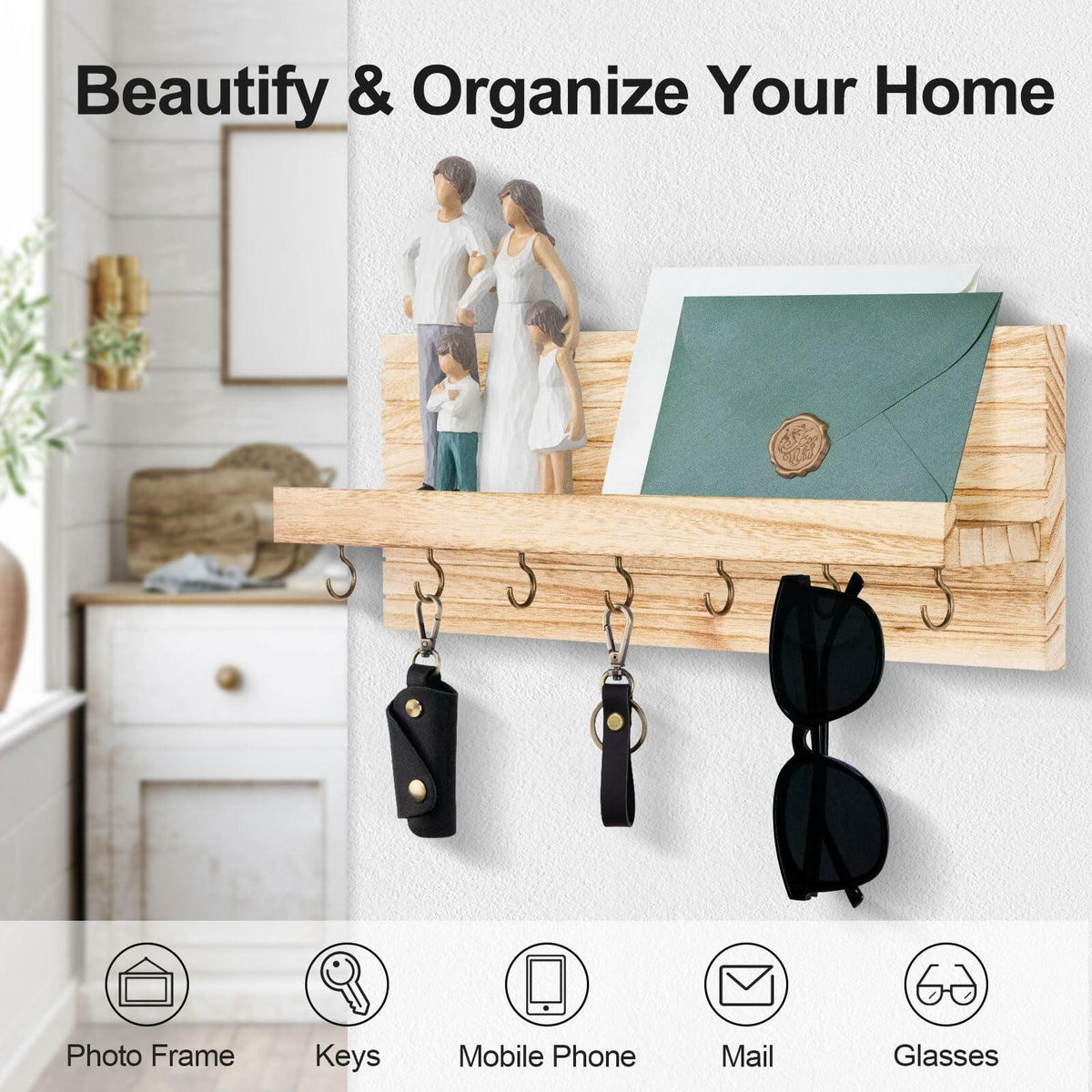 Wall Mount Key Holder with 7 Hooks & Shelf