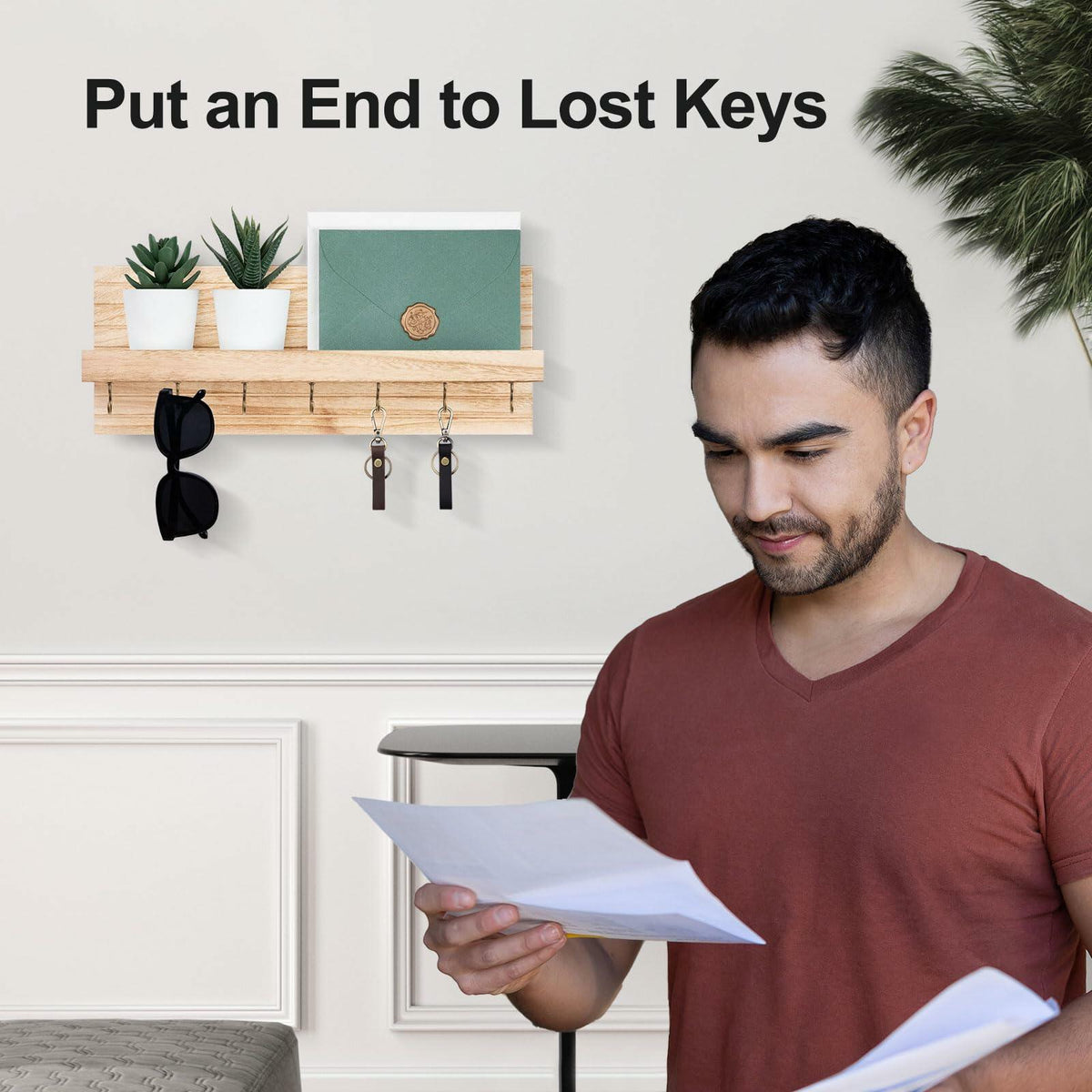 Wall Mount Key Holder with 7 Hooks & Shelf